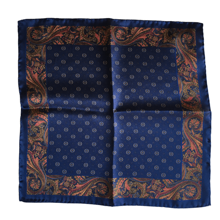 Floral Paisley Silk Pocket Square - Navy Blue/Gold
