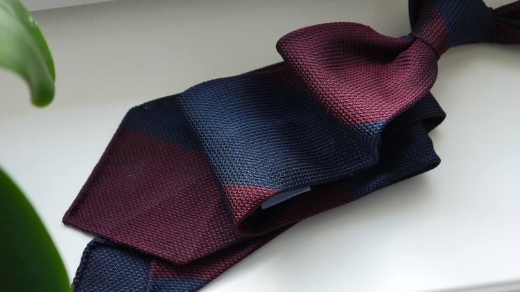 Blockstripe Silk Grenadine Tie - Untipped - Burgundy/Navy Blue