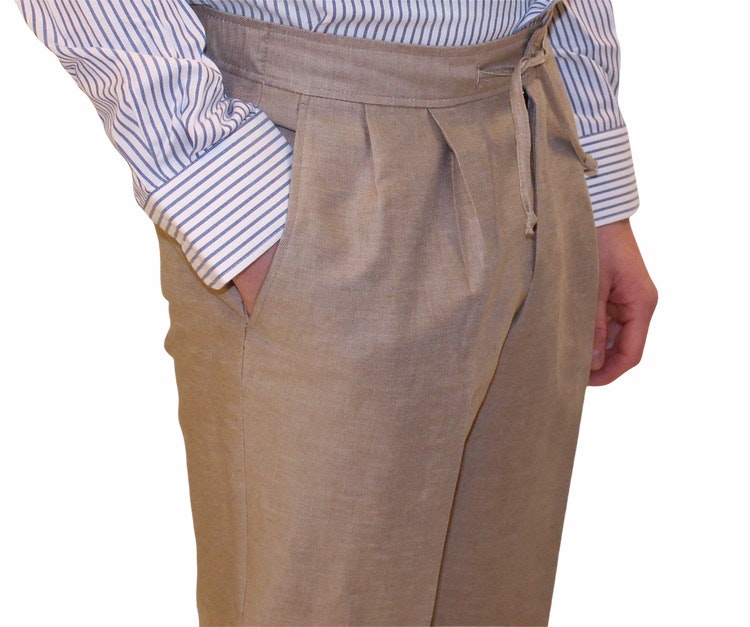 Drawstring Linen/Cotton Trousers - High Waist - Beige