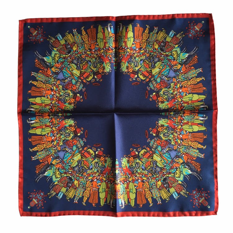 The Gathering Silk Pocket Square - Navy Blue/Green/Rust