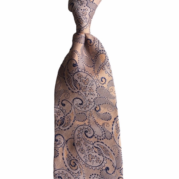 Paisley Silk/Cotton Tie - Apricot/Navy Blue