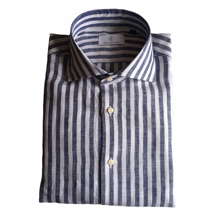Bengal Stripe Linen Shirt - Cutaway - Navy Blue/White