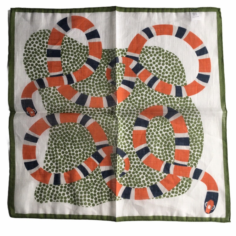 Serpent Linen/Cotton Pocket Square - Orange/Green/Off White