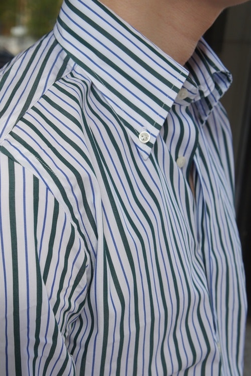 Striped Poplin Shirt - Button Down - White/Green/Navy Blue