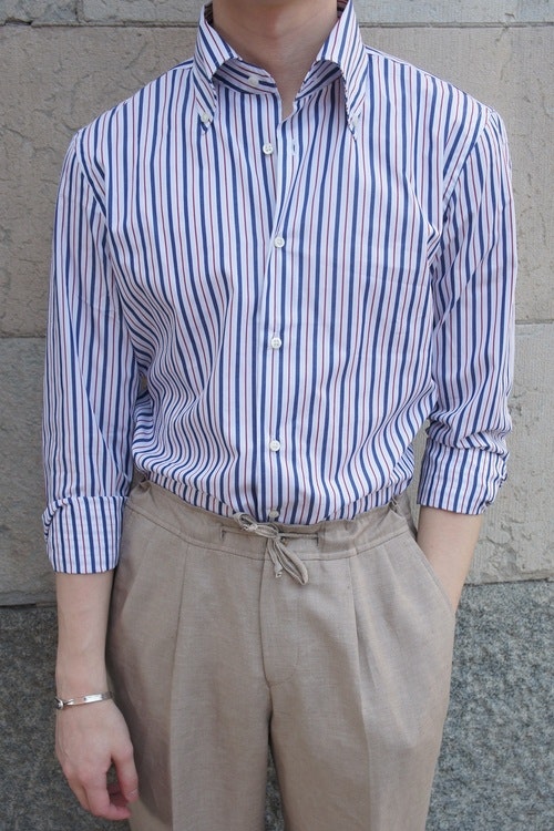 Striped Poplin Shirt - Button Down - White/Burgundy/Navy Blue