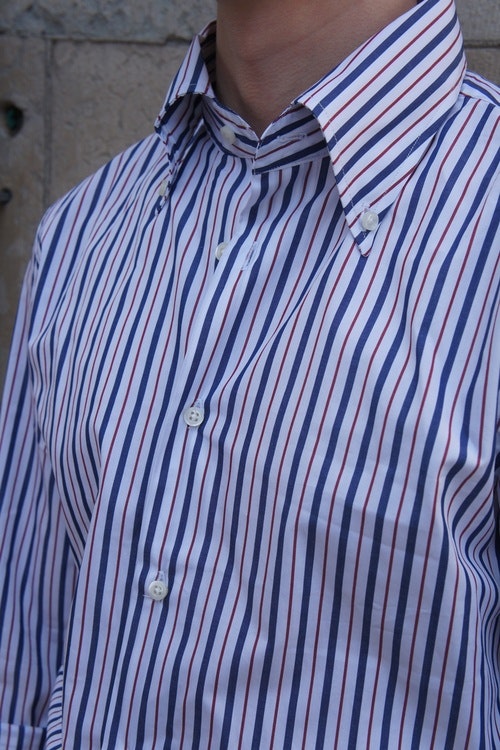 Flerrandig Poplinskjorta - Button Down - Vit/Vinröd/Mörkblå