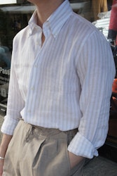 Bengal Stripe Linen Shirt - Button Down - Beige/White