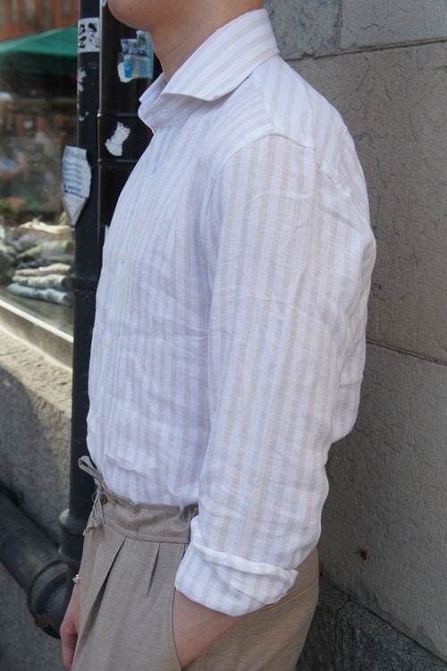 Bengal Stripe Linen Shirt - Cutaway - Beige/White