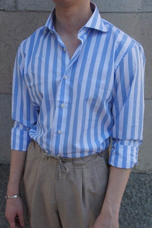 Wide Stripe Poplin Shirt - Cutaway - Light Blue/White