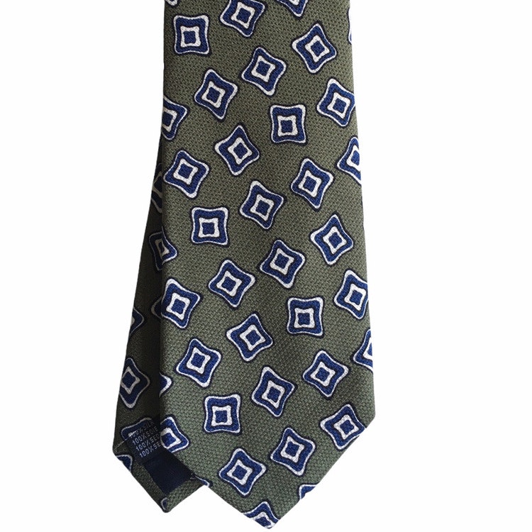 Floral Printed Silk Tie - Olive Green/Navy Blue/White