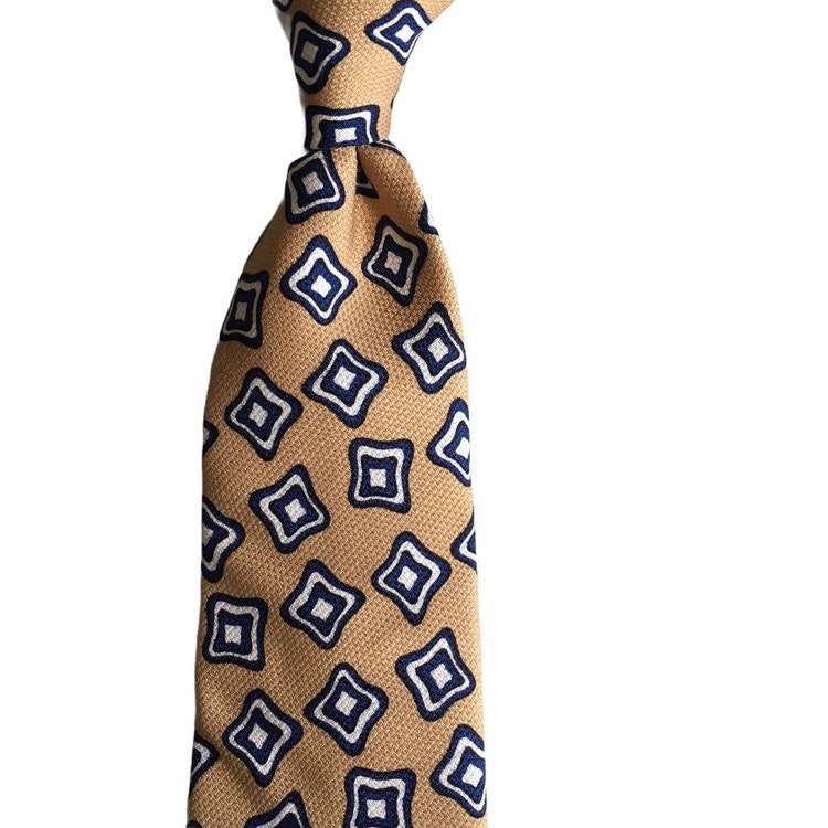 Floral Printed Silk Tie - Beige/Navy Blue/White