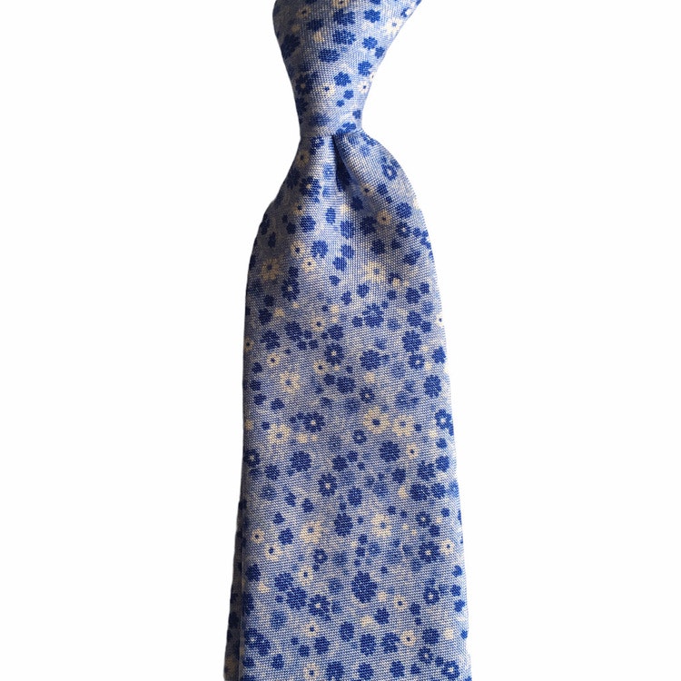 Small Floral Printed Silk Tie - Light Blue/Navy Blue/White