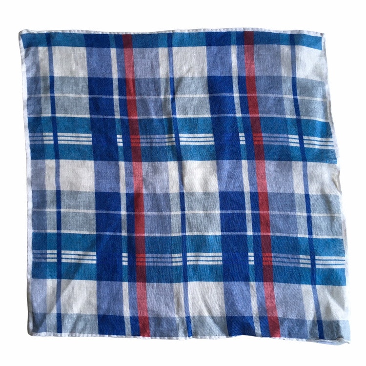 Plaid Linen Pocket Square - Navy Blue/Light Blue/Red/White