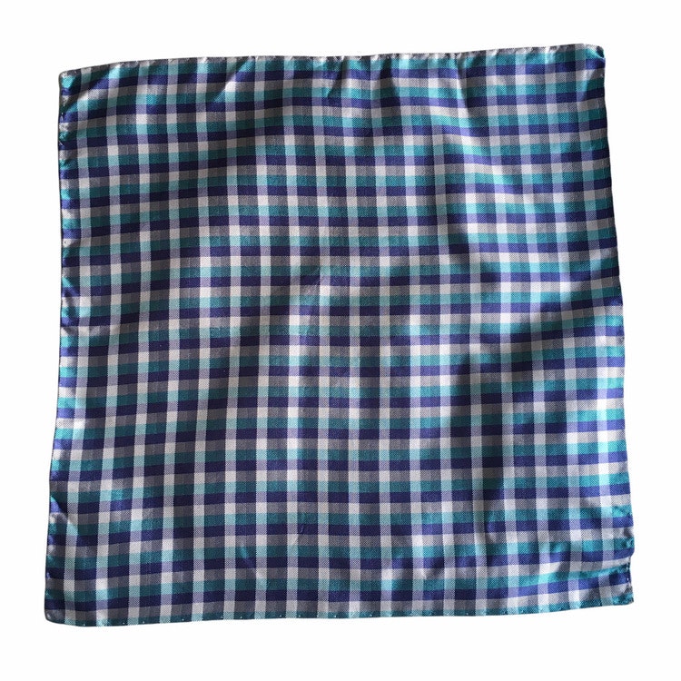 Check Silk Pocket Square - Grey/Light Blue/Turquoise