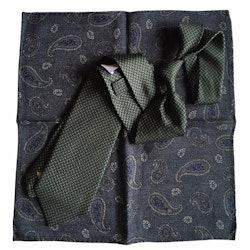 Kit - Printed silk tie and wool pocket square - Olive Green/Navy Blue/Grey