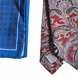 Kit - Printed cotton/linen tie and silk/cotton pocket square - Burgundy/Light Blue