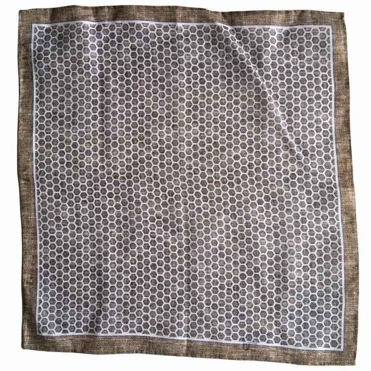 Hexagon Linen Pocket Square - Beige/White