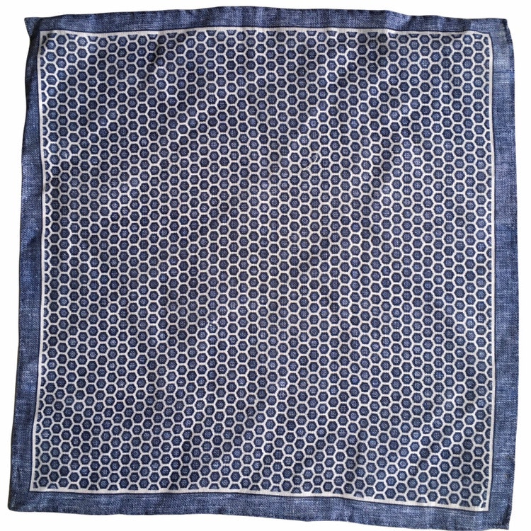 Hexagon Linen Pocket Square - Navy Blue/White