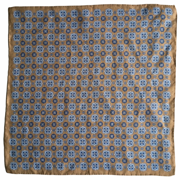 Medallion Linen Pocket Square - Beige/Light Blue