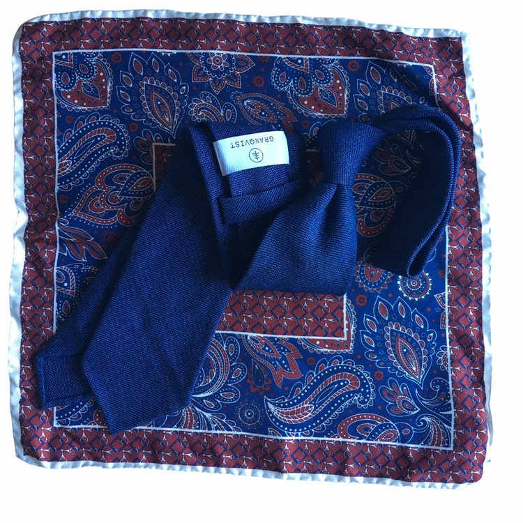 Kit - Solid handrolled wool tie and oriental silk pocket square - Navy Blue/Burgundy/White