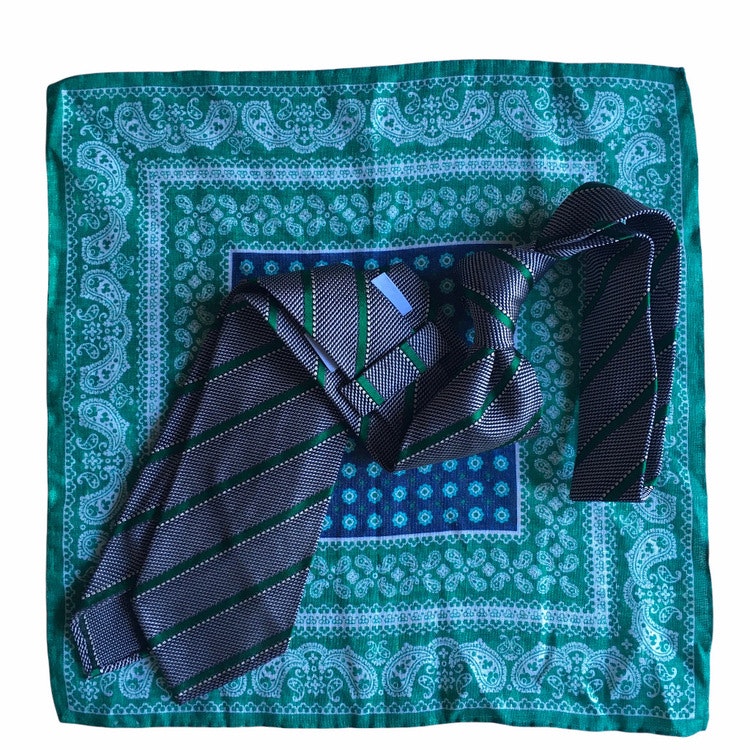 Kit - Regimental Grenadine tie and oriental linen pocket square - Green/Grey/Navy Blue
