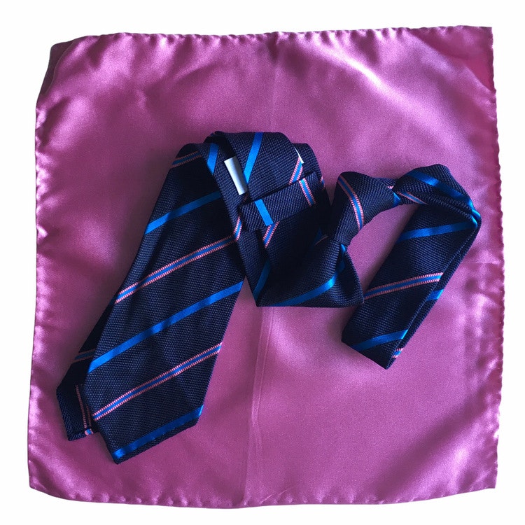 Kit - Regimental Grenadine tie and solid silk pocket square - Navy Blue/Pink/Turquoise