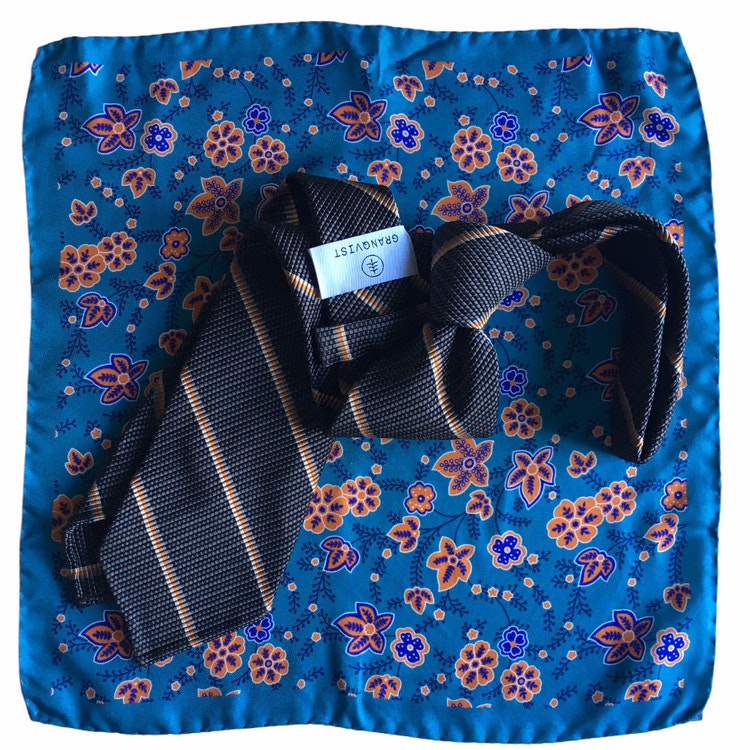 Kit - Regimental silk tie and floral silk pocket square - Brown/Orange/Turquoise