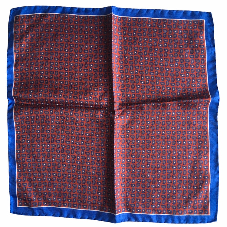 Small Paisley Printed Silk Pocket Square - Orange/Light Blue