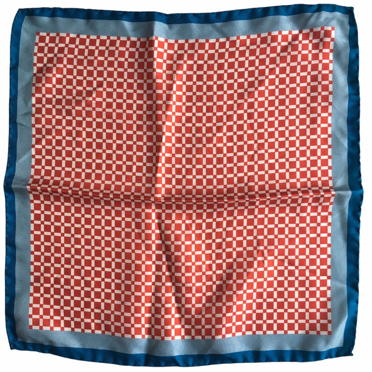 Check Printed Silk Pocket Square - Rust Orange/White/Blue