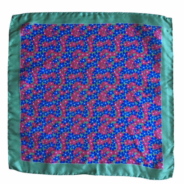 Floral Printed Silk Pocket Square - Mid Blue/Pink/Green