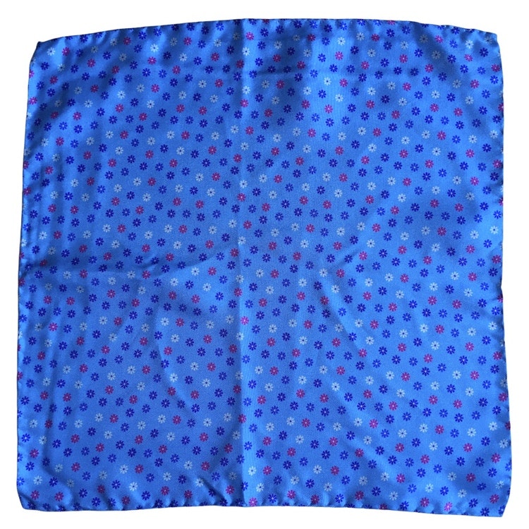 Small Floral Printed Silk Pocket Square - Light Blue/Pink/White/Navy Blue
