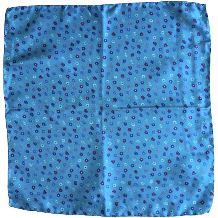 Small Floral Printed Silk Pocket Square - Turquoise/Pink/White/Light Blue