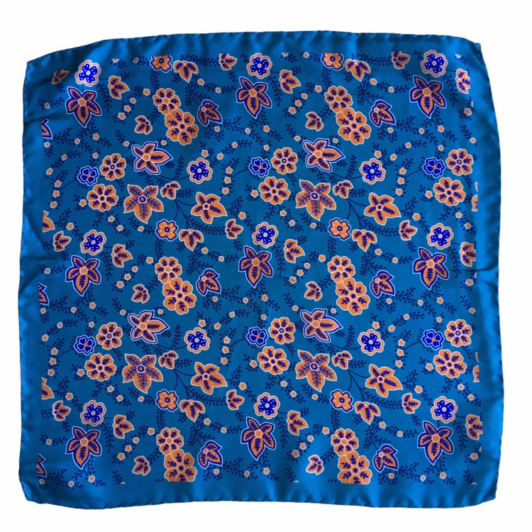 Floral Printed Silk Pocket Square - Turquoise/Orange/Navy Blue