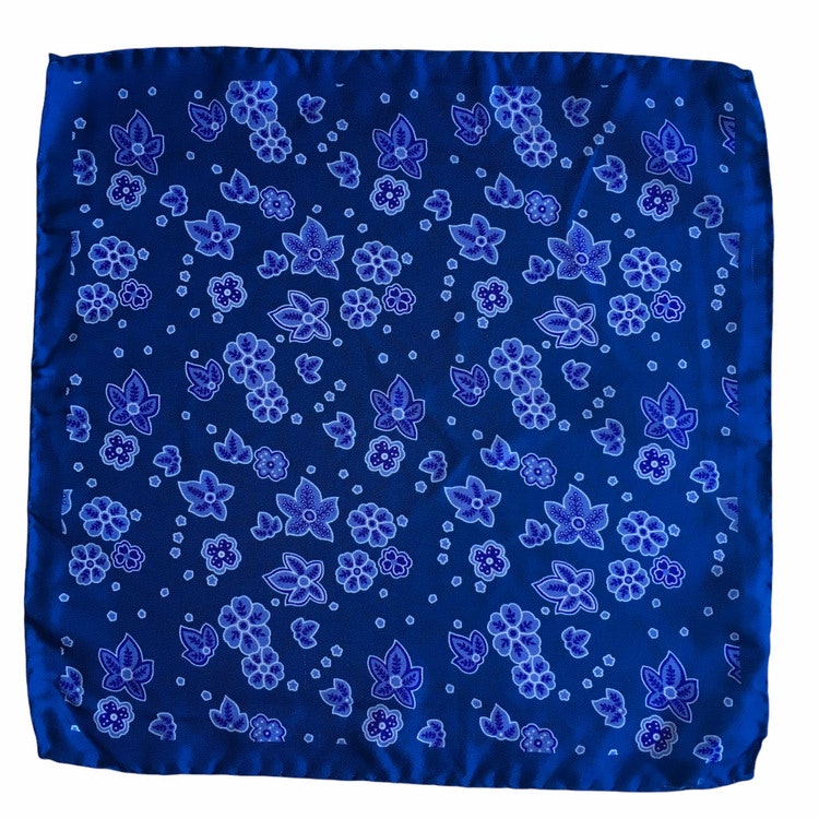 Floral Printed Silk Pocket Square - Navy Blue/Purple