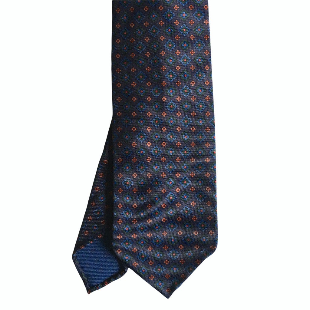 Medallion Ancient Madder Silk Tie - Untipped - Navy Blue/Green/Orange/Mid Blue