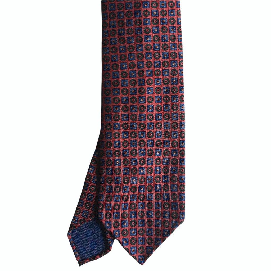 Circles and Squares Ancient Madder Silk Tie - Untipped - Rust/Red/Navy Blue/Green