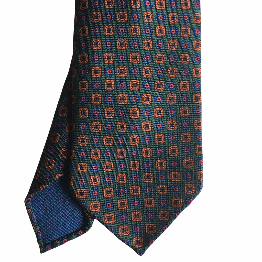 Circles and Squares Ancient Madder Silk Tie - Untipped - Green/Rust/Navy Blue