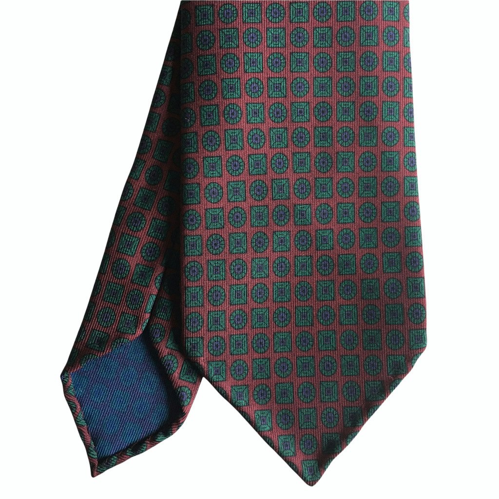 Circles and Squares Ancient Madder Silk Tie - Untipped - Burgundy/Green/Purple