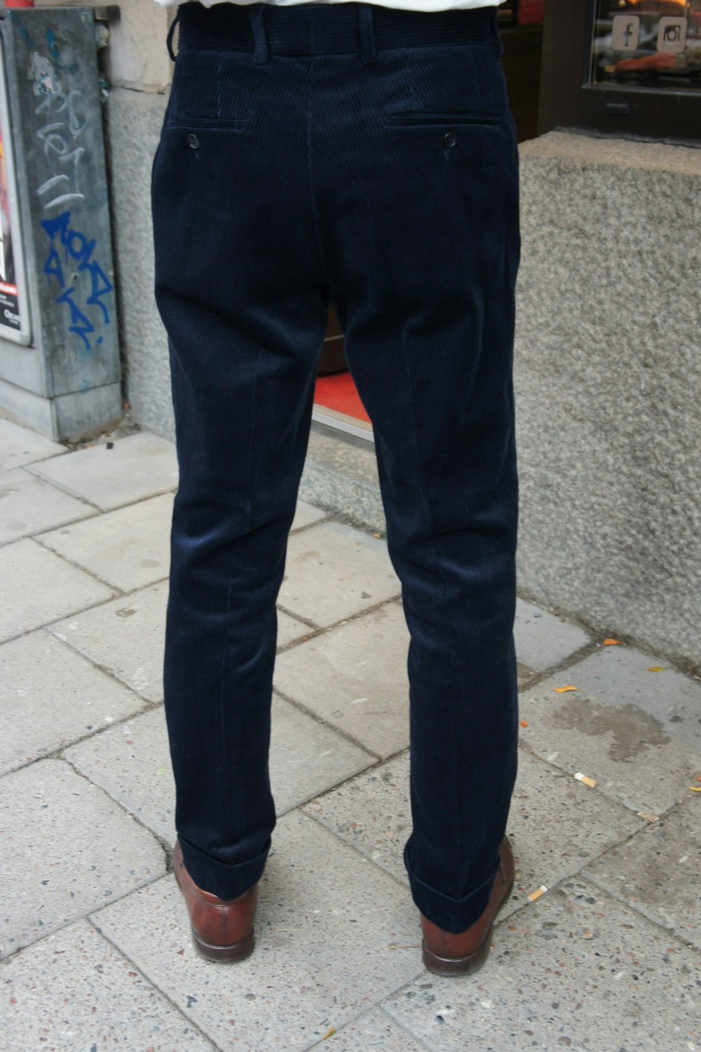 Solid High Waist Corduroy Trousers - Navy Blue