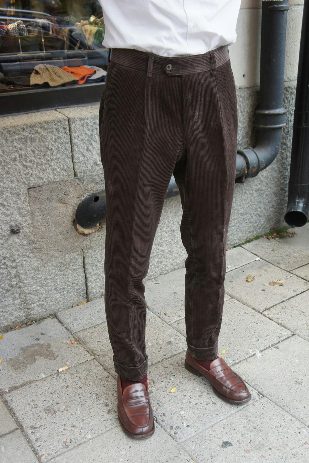 Solid High Waist Corduroy Trousers - Dark Brown (size 54 left)