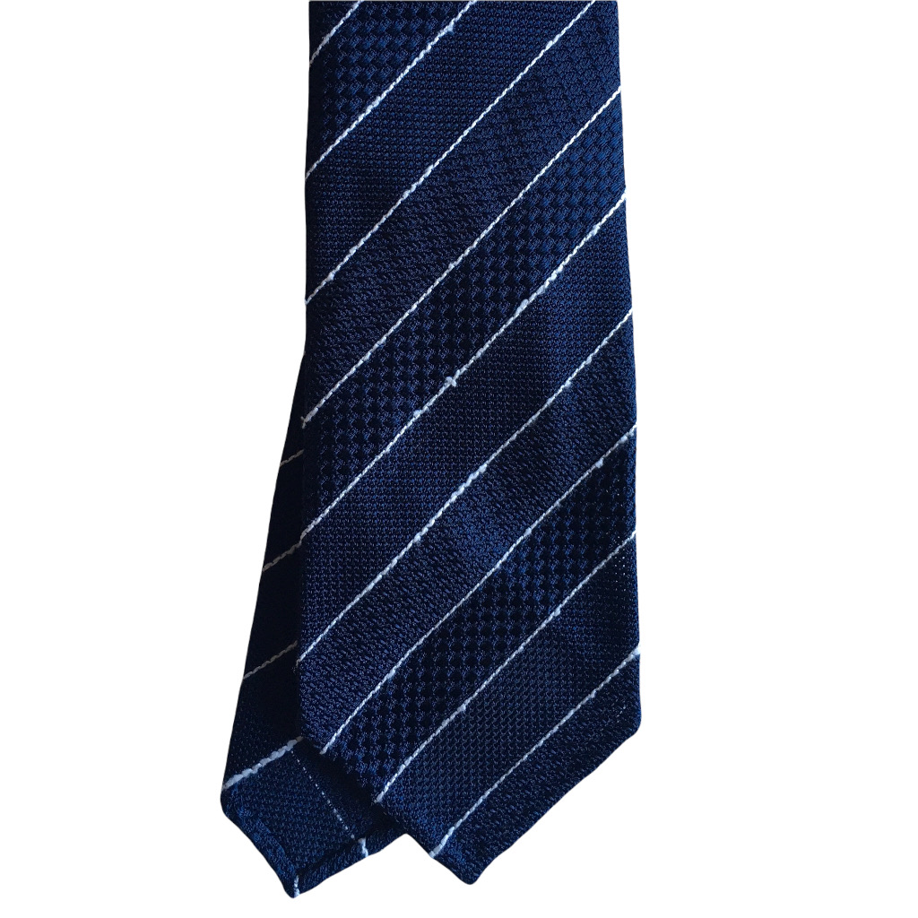 Slobby Striped Silk Grenadine Tie - Untipped - Navy Blue/White
