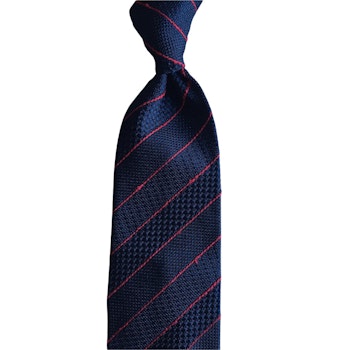 Slobby Striped Silk Grenadine Tie - Untipped - Navy Blue/Red