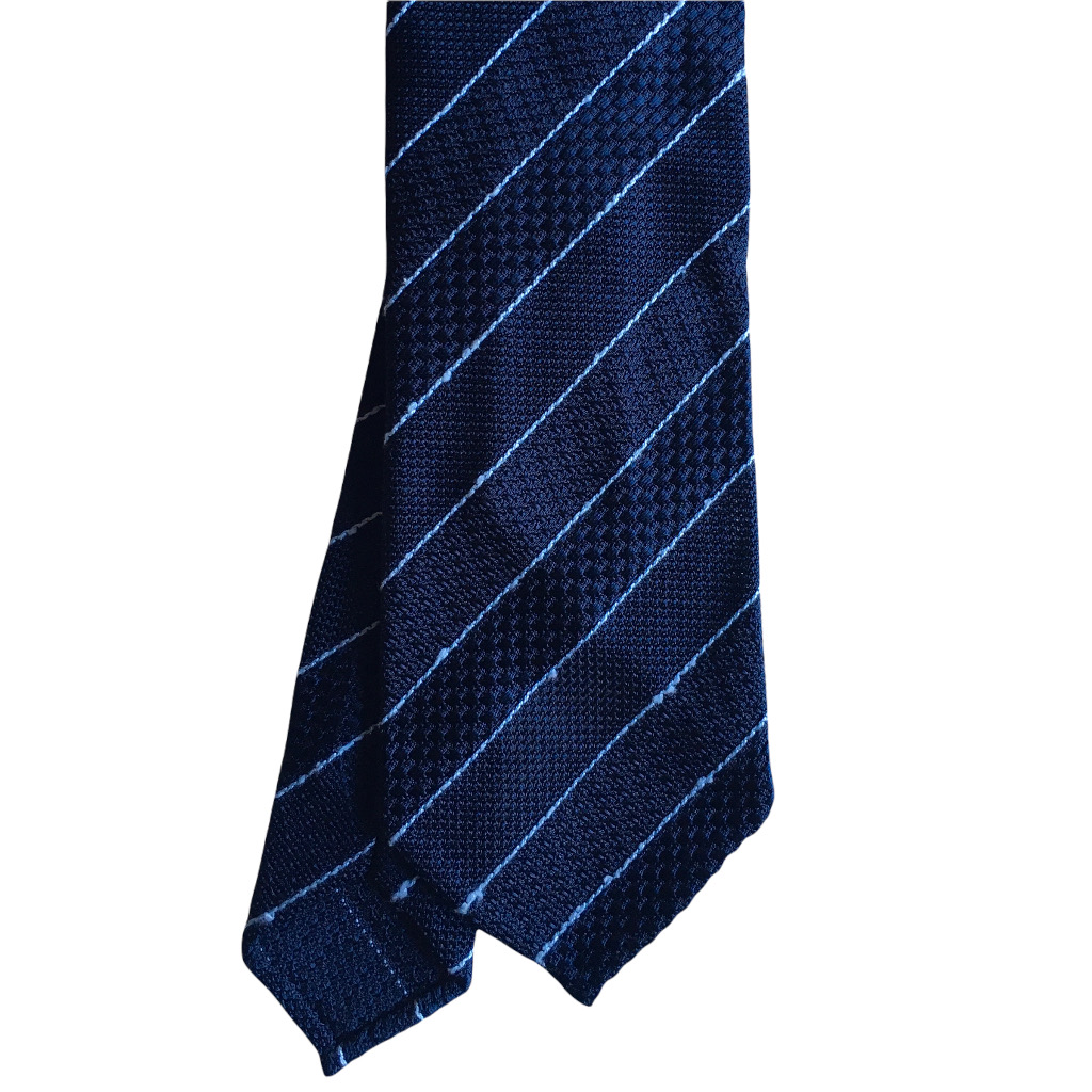 Slobby Striped Silk Grenadine Tie - Untipped - Navy Blue/Light Blue