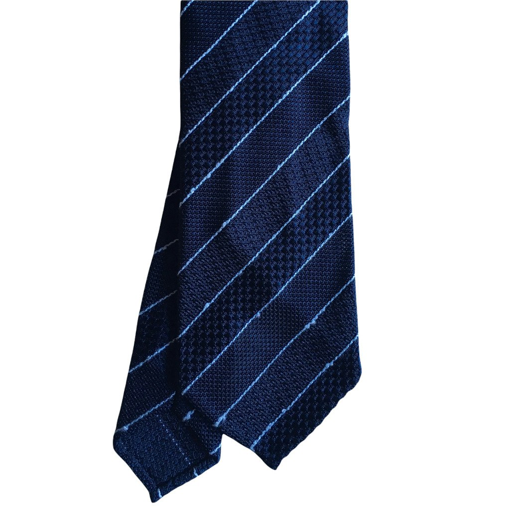 Slobby Striped Silk Grenadine Tie - Untipped - Navy Blue/Light Blue