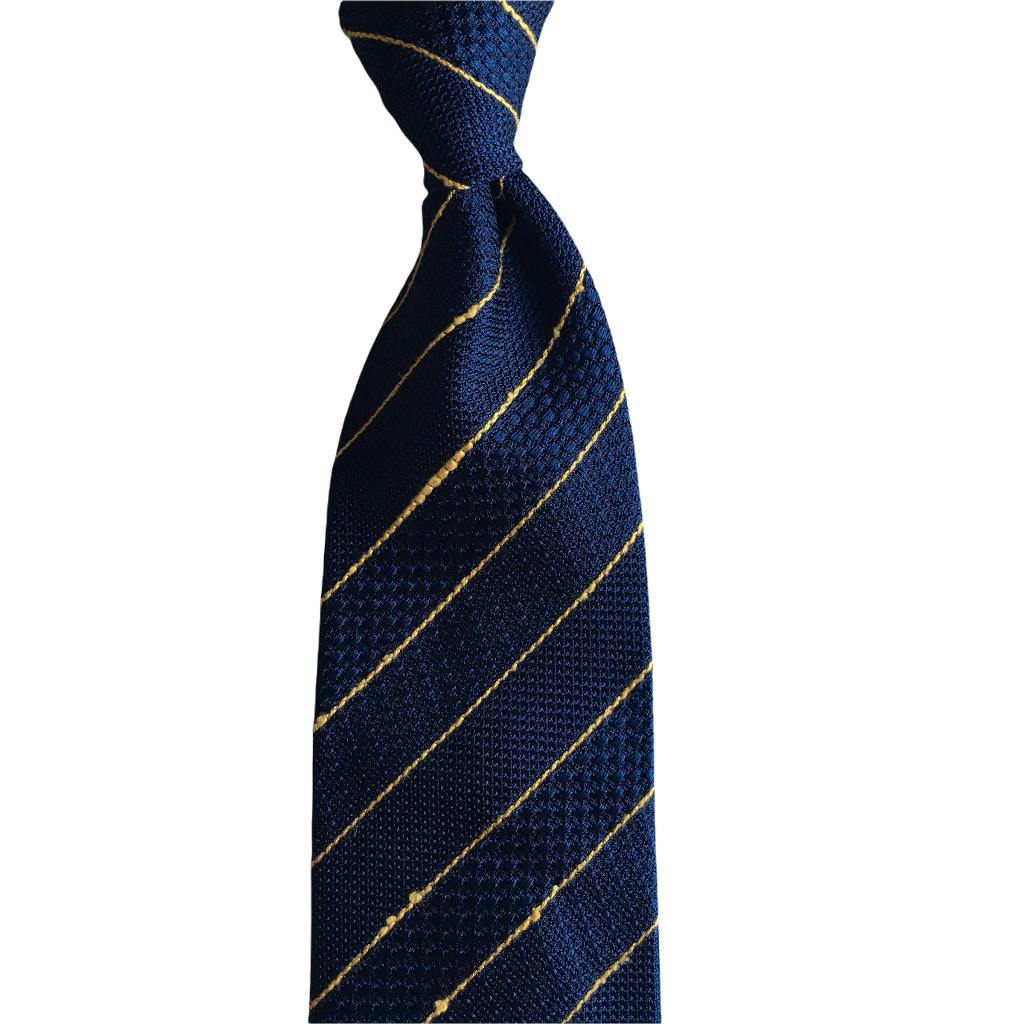 Slobby Striped Silk Grenadine Tie - Untipped - Navy Blue/Yellow