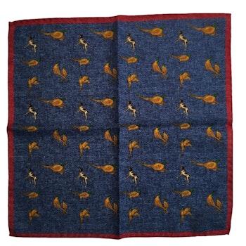 Dogs and Pheasants Wool Pocket Square - Navy Blue/Brown/Burgundy