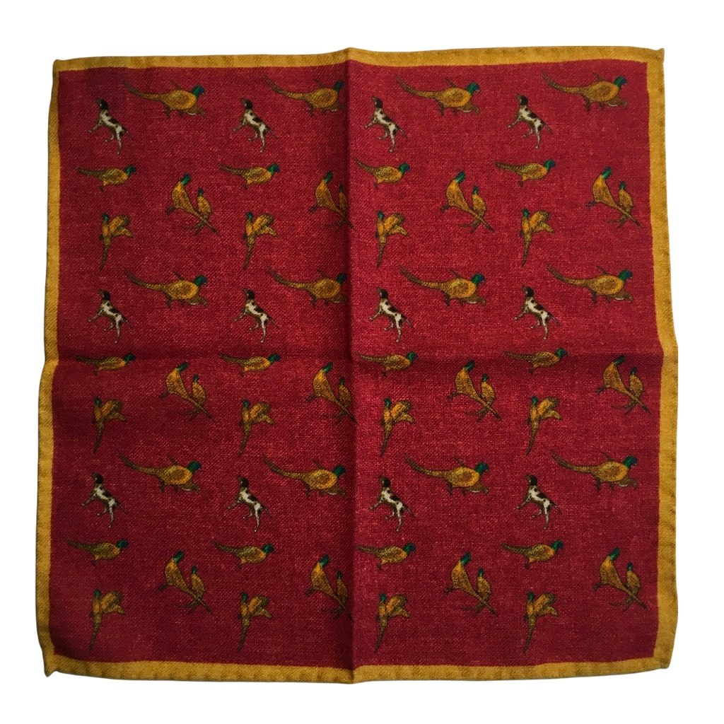 Dogs and Pheasants Wool Pocket Square - Cerise/Mustard