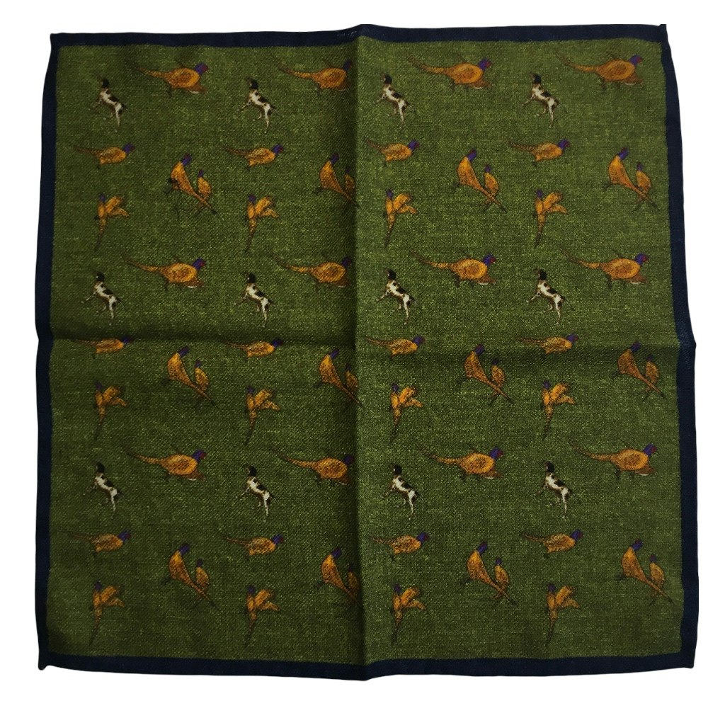Dogs and Pheasants Wool Pocket Square - Green/Beige/Navy Blue