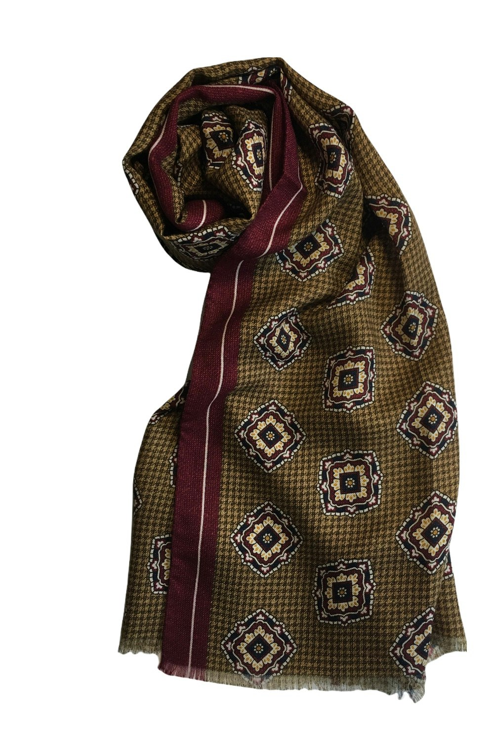 Medallion Printed Wool Scarf - Mustard/Burgundy/Navy Blue