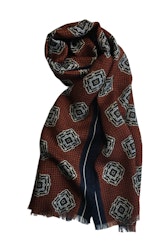 Medallion Printed Wool Scarf - Orange/Navy Blue/White